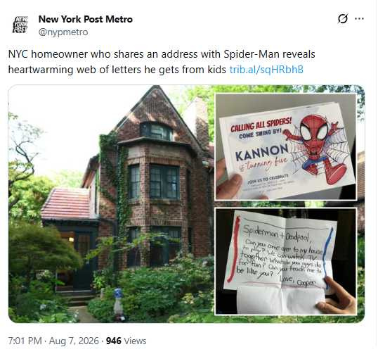 英格拉姆街與蜘蛛人的緣分不只地址,老居民透露,這棟住宅過去真的曾有姓Parker的一家人居住。(圖/翻攝自X,@nypmetro)