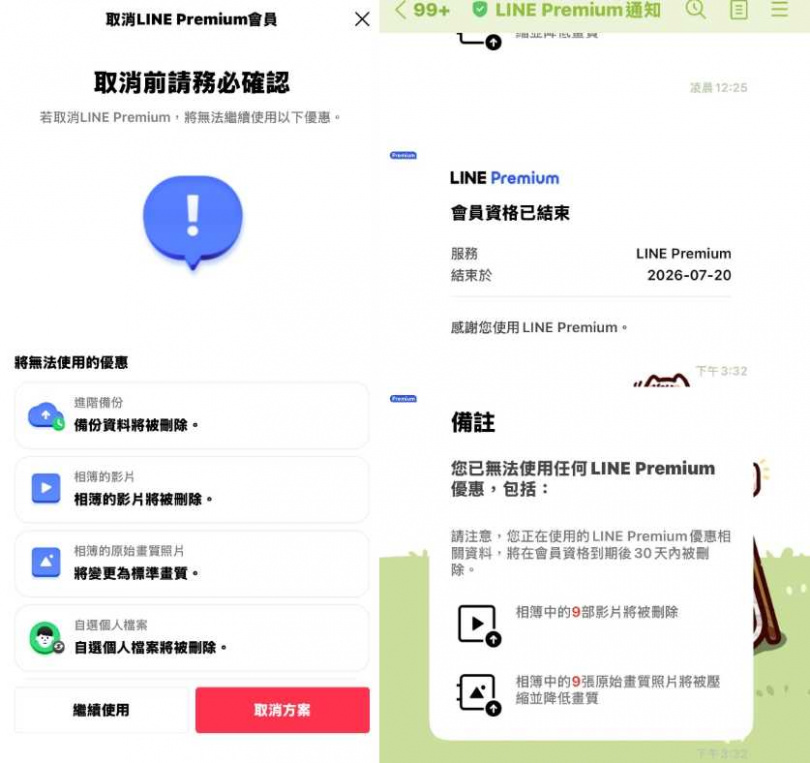 有民眾分享自己訂閱LINE Premium後,發現若取消訂閱,先前透過Premium提供的雲端備份資料與相簿照片服務,恐面臨全部刪除的狀況。(圖/Threads網友showlomeiya授權提供)