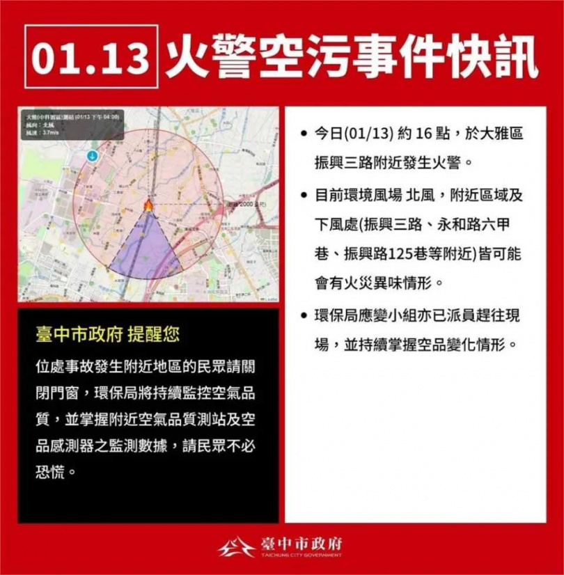 台中市大雅區振興三路下午4時許發生工廠火警 。(圖/台中市政府提供)