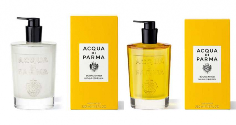 首度全新設計的奢華Art Deco 風格玻璃，裏頭盛裝的分別是「早安洗手乳」以及「早安護手乳」，每一款產品皆體現義大利工藝的經典傳承，能提升我們日常儀式感與個人護理體驗。早安洗手乳 330ml／3,300元、早安護手乳 330ml／3,600元（圖／品牌提供）