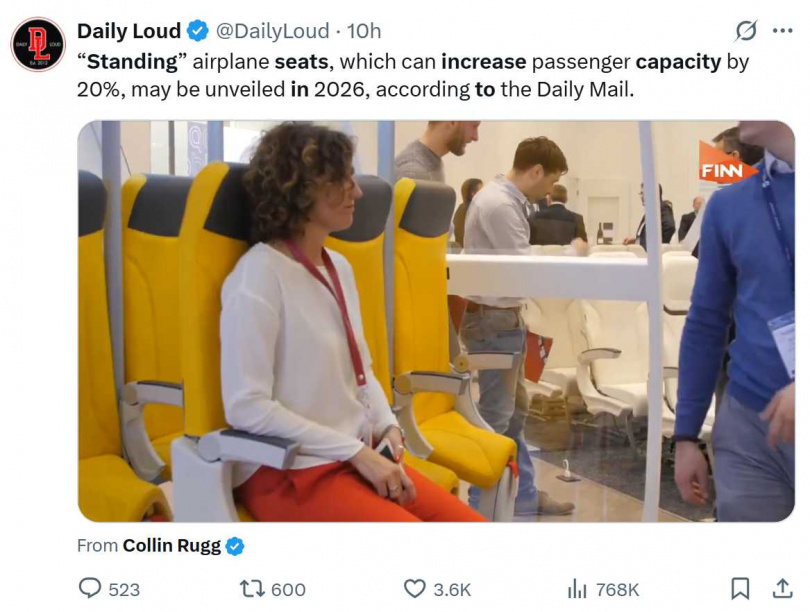 歐洲多家低成本航空公司正考慮導入全新「站立式座位」，計最快2026年就能看到乘客「站上天空」。（圖／翻攝自X）
