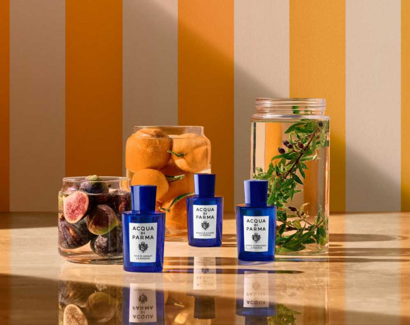 Acqua di Parma 地中海珍釀淡香精系列,以金黃香調和藍瓶設計描繪義式夏日。(圖/品牌提供)