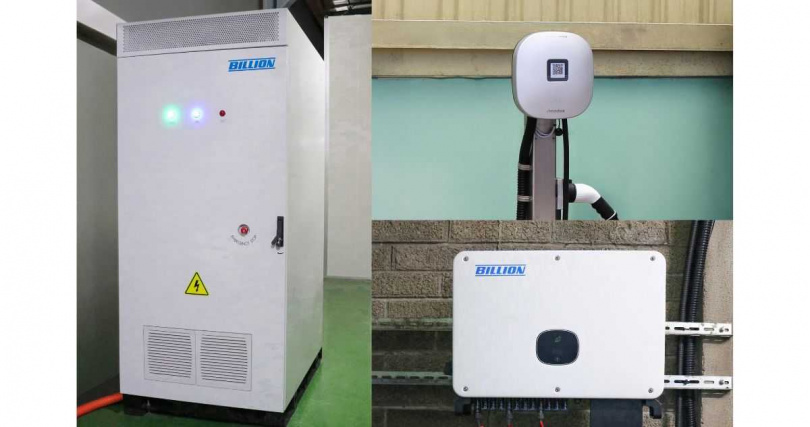 Billion Fusio One 100 kW/215 kWh模組化儲能系統與逆變器設備，於宜蘭示範基地與Noodoe充電樁整合部署，展現盛齊綠能在光儲充應用場景中的系統整合能力與場域落地經驗。（圖／盛齊綠能提供）
