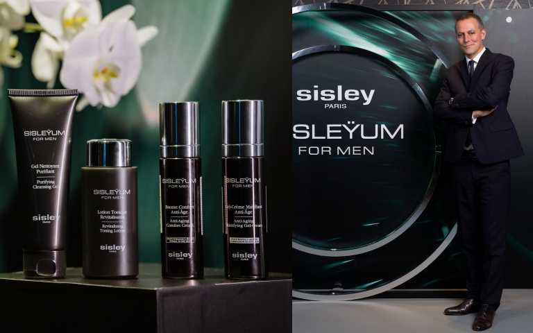 Sisley 亞太區總裁Nicolas Chesnier來台歡慶專櫃首度第一個頂級男士保養系列上市,左為Sisleÿum 男仕全能賦活系列(圖/品牌提供)