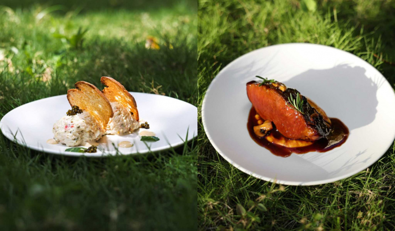 「蟹肉沙拉」（左，520元）、「慢烤伊比利豬」。（880元，圖／ORIGEN提供）