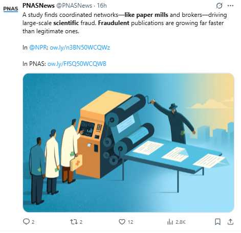 國際期刊近年大規模撤稿，背後多與論文工廠大量製作造假論文有關。（圖／翻攝自X）