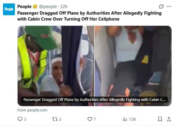 衝突過程中，安保人員將她帶離飛機的畫面引發熱議。（圖／翻攝自X，@people）