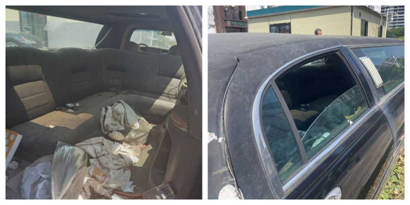 車窗碎裂、內部堆滿垃圾,昔日禮賓豪車淪為街頭僵屍車。(圖/翻攝自揚子晚報)