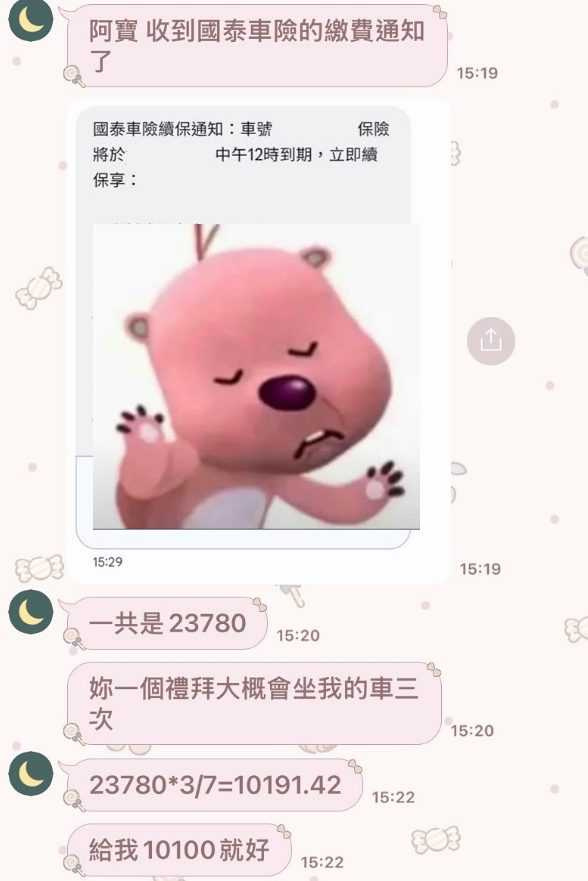 男子要求女友幫忙分攤車險費用。(圖/翻攝臉書/靠北婚姻)