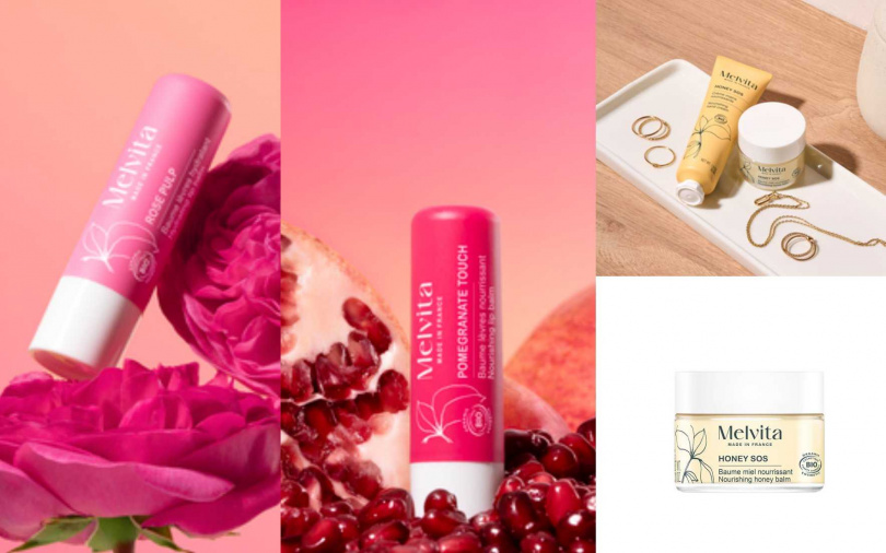 Melvita玫瑰潤澤護唇膏4.5g／400元、紅石榴豐潤護唇膏4.5g／400元、花蜜滋養修護膏9g／680元（圖／品牌提供）