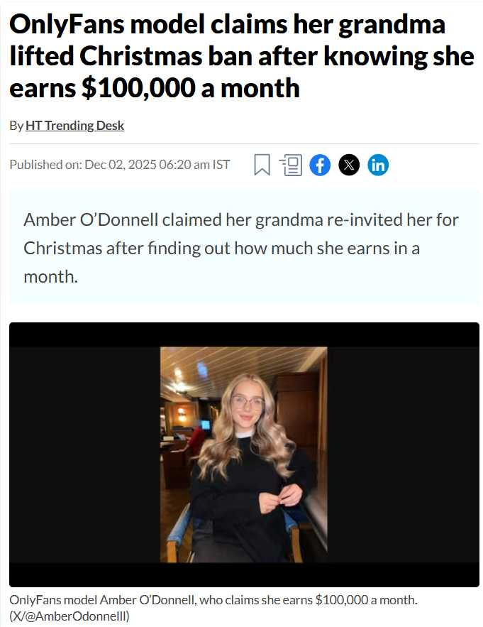 英國OnlyFans網紅近日分享與家人因職業產生衝突的對話,引起網友熱議。(圖/翻攝自 Hindustan Times)