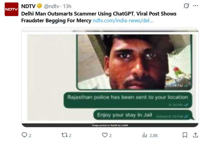 男子利用ChatGPT生成釣魚網頁程式碼，藉此成功反追蹤詐騙者位置與影像。（圖／翻攝自X，@ndtv）