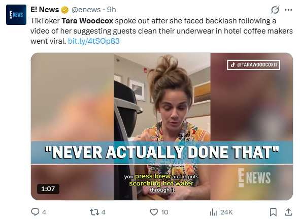 影片中示範將內褲放入飯店咖啡機清洗，引發外界批評。（圖／翻攝自X，@enews）
