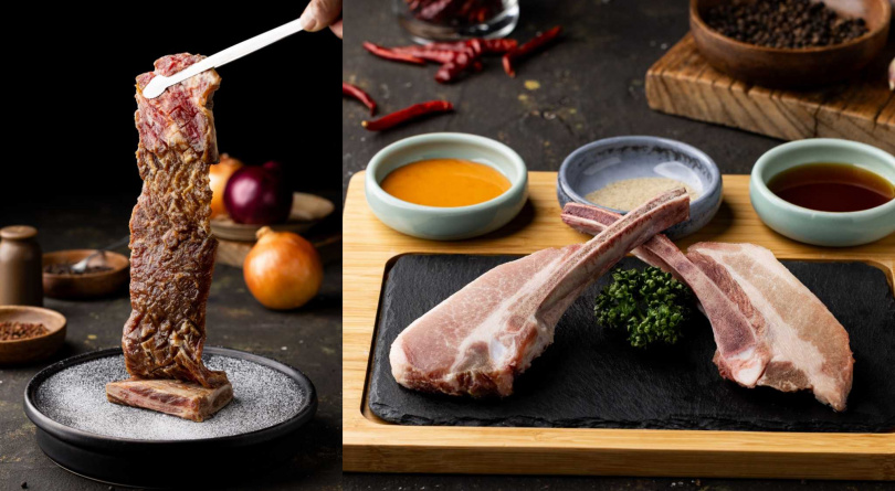 「Galbi卡歐比牛小排」(左,880元)、「小戰斧豬排」(360元)都是姜滿堂推出的全新菜色。(圖/豆府餐飲集團提供)