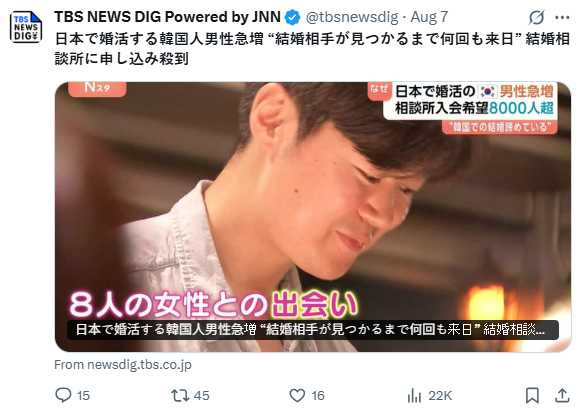 韓男婚活熱潮襲日本，盼擺脫高房價成婚困境。（圖／翻攝自X）