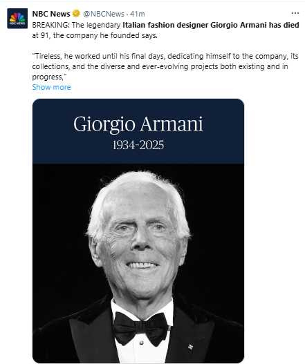 亞曼尼葬禮將以私人形式舉行，但弔唁場地將於9月6日至7日對外開放。（圖／翻攝自X，@NBCNews）