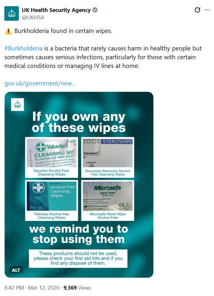 英國衛生單位提醒民眾檢查家中濕紙巾產品。（圖／翻攝自X，@UKHSA）