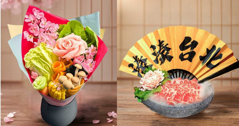 「紅粉櫻之戀套餐」除了可任選湯底還搭配「花漾拼盤」（左）與「花開富貴拼盤」。（圖／湊湊火鍋提供）