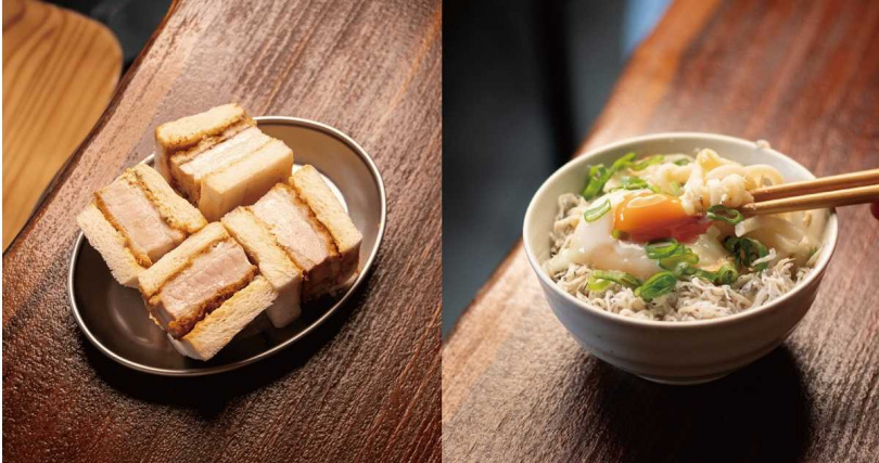 「厚切豬排三明治」（左）、「吻仔魚溫玉烏龍麵」。（圖／臺虎居餃屋提供）