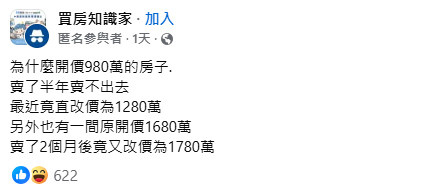 網友好奇房東開980萬賣不掉，半年後改價1280萬。（圖／翻攝《買房知識家》社團）