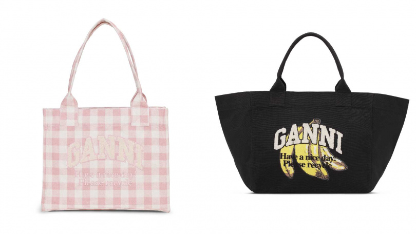 推薦單品：GANNI印花手提袋-淡藕色／7,800元，GANNI香蕉印花手提袋-黑／8,800元（圖／品牌提供）