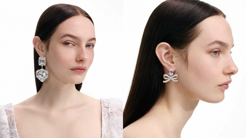 推薦單品：self-portrait Crystal Pearl Tiered Heart Earrings／8,800元，self-portrait Pink Crystal Bow Earrings／7,300元（圖／品牌提供）