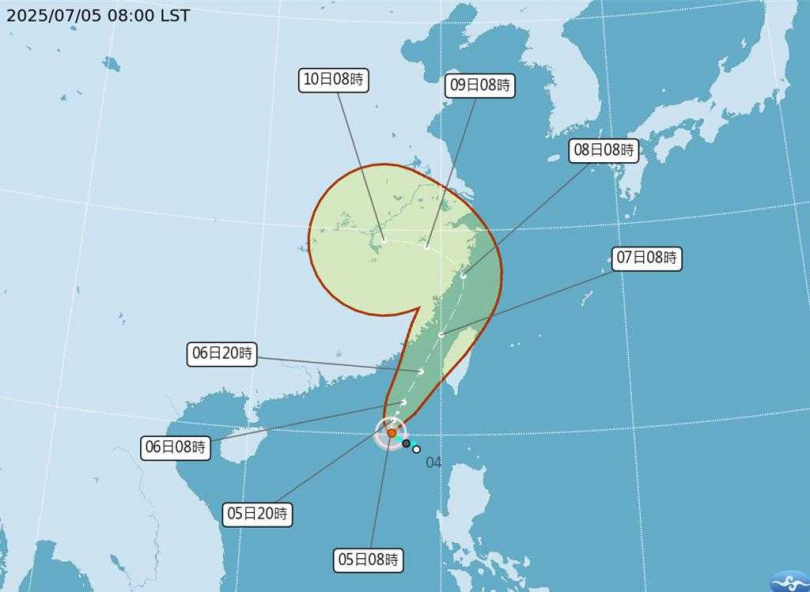 氣象署預測陸上颱風警報最快今晚發布，預估明後天最接近台灣本島。（圖／氣象署提供）