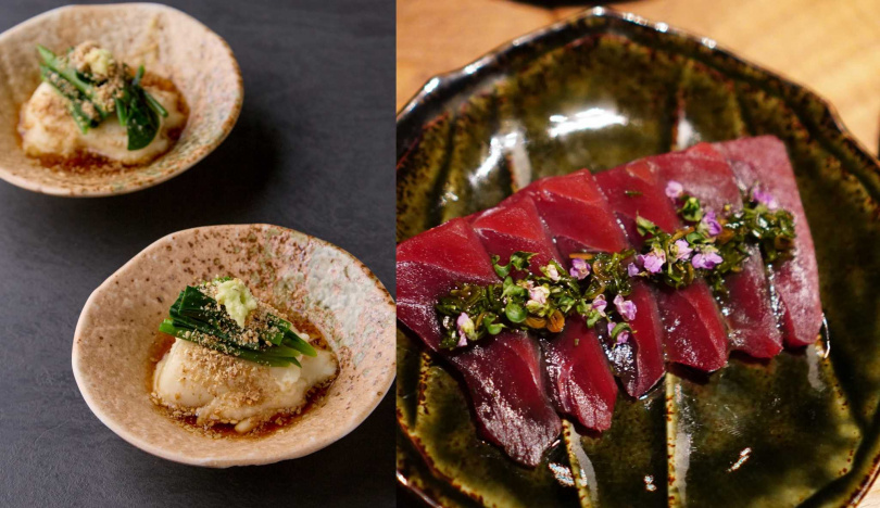 限定套餐中的「吳豆腐」(左)、刺身「黑鮪魚赤身/韭菜醬油」。(圖/inari現代居酒屋提供、魏妤靜攝)