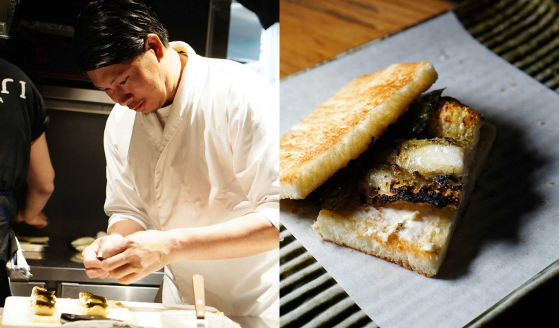 來自九州福岡的主廚酒井英彰(左)於2018年創立酒井商會,得意之作「星鰻三明治」以白燒處理、呈現星鰻肉質與油脂香氣。(圖/魏妤靜攝)