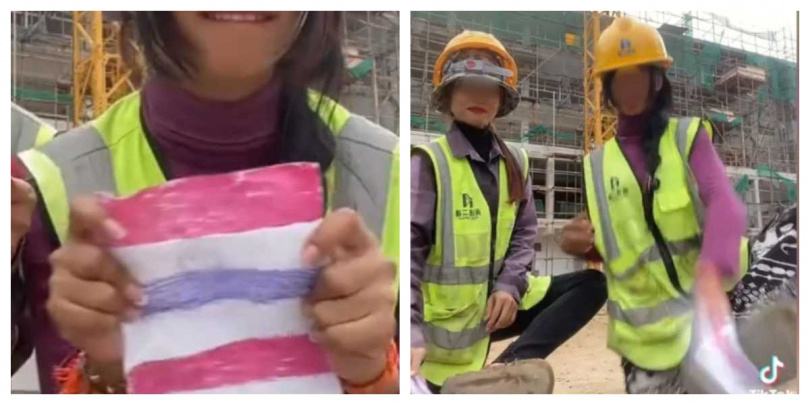 兩名涉事女子疑似身處建築工地，背景被指為中國業者位於巴真府的工廠園區。（圖／翻攝自TikTok）