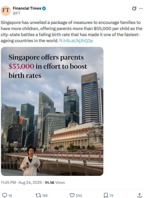 新加坡少子化與人口老化問題加劇，預估2030年每4名新加坡人中，就有1人年滿65歲。（圖／翻攝自X，@FT）