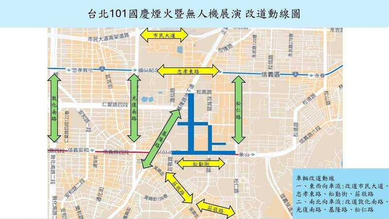 信義區國慶日預料湧入大批人潮,開車族可提前利用市民大道、忠孝東路等替代道路。(台北市警察局信義分局提供)