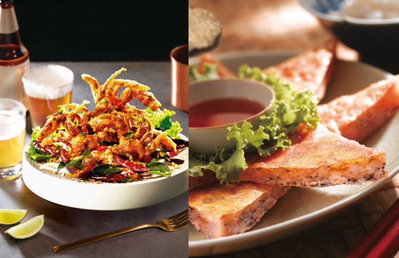 瓦城及非常泰同步販售的「泰式酥炸軟殼蟹」（左）、「黑松露月亮」。（圖／瓦城泰統集團提供）