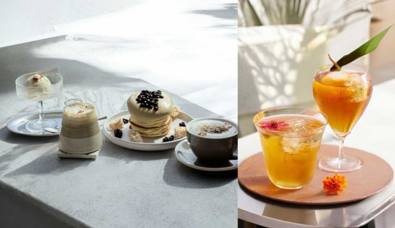 堁夏咖啡推出宮崎焙茶午茶系列（左）、CHER AQUA 蒔. 瀞設計兩款茶酒。（圖／宮崎物產祭提供）