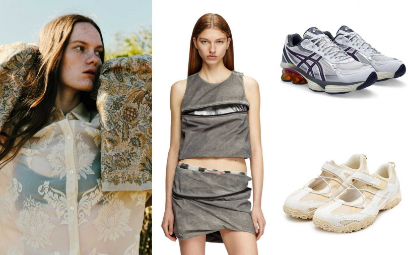 Grace Continental光影雪紡歐根紗襯衫／推薦價12,800元、Diesel T-ORIGIN上衣／推薦價10,000元、ASICS GEL-KINETIC FLUENT男女中性款運動休閒鞋／推薦價5,980元、FILA ECHAPPE VC v2中性芭蕾風運動鞋／推薦價2,880元（圖／業者提供）