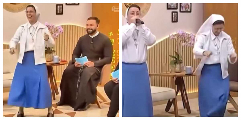 瑪莉瑟莉修女（中）在節目中打出節奏感十足的Beatbox，神父也熱血加入舞蹈。（圖／翻攝自臉書）