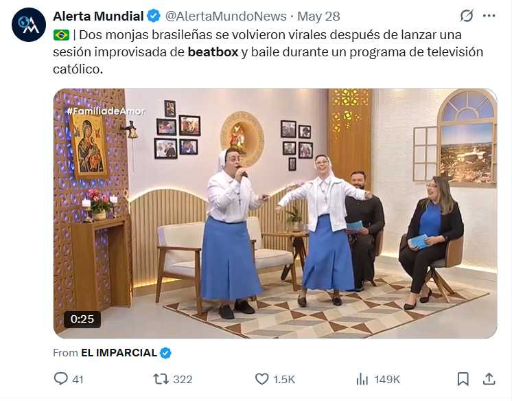 瑪莉瑟莉修女（中）在節目中打出節奏感十足的Beatbox，神父也熱血加入舞蹈。（圖／翻攝自X）