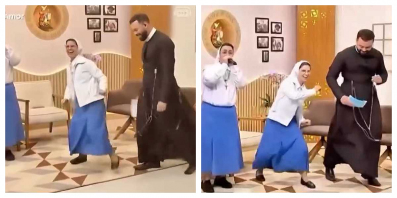 瑪莉瑟莉修女（中）在節目中打出節奏感十足的Beatbox，神父也熱血加入舞蹈。（圖／翻攝自臉書）