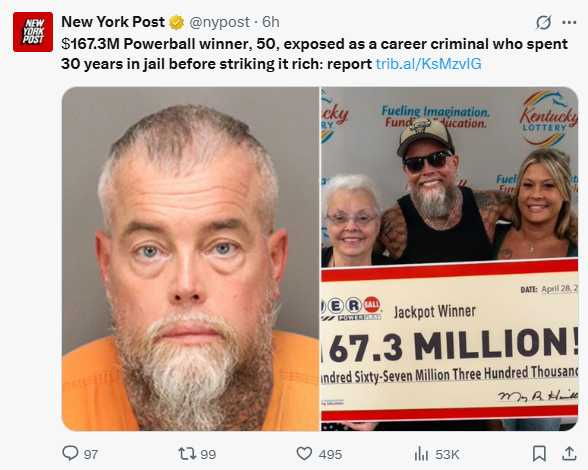 美國男子詹姆士・法辛與母親共同領走1.673億美元的Powerball頭獎，卻在中獎3天後再次被捕，驚人過去也被全數揭露。（圖／翻攝自X）