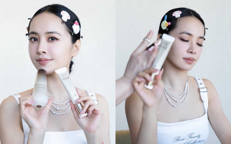 照片中她夾上最愛的Hello Kitty髮夾和大頭狗、美樂蒂,手上拿著她最愛的資生堂怡麗絲爾膠原彈潤多效美肌乳與膠原新肌光速精華保養,努力維持年輕! (圖/取自蔡依林IG)