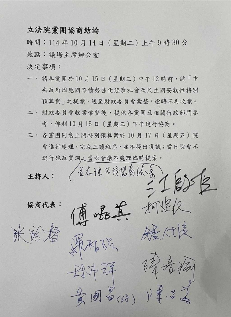 朝野協商結論。(圖/立院人士提供)