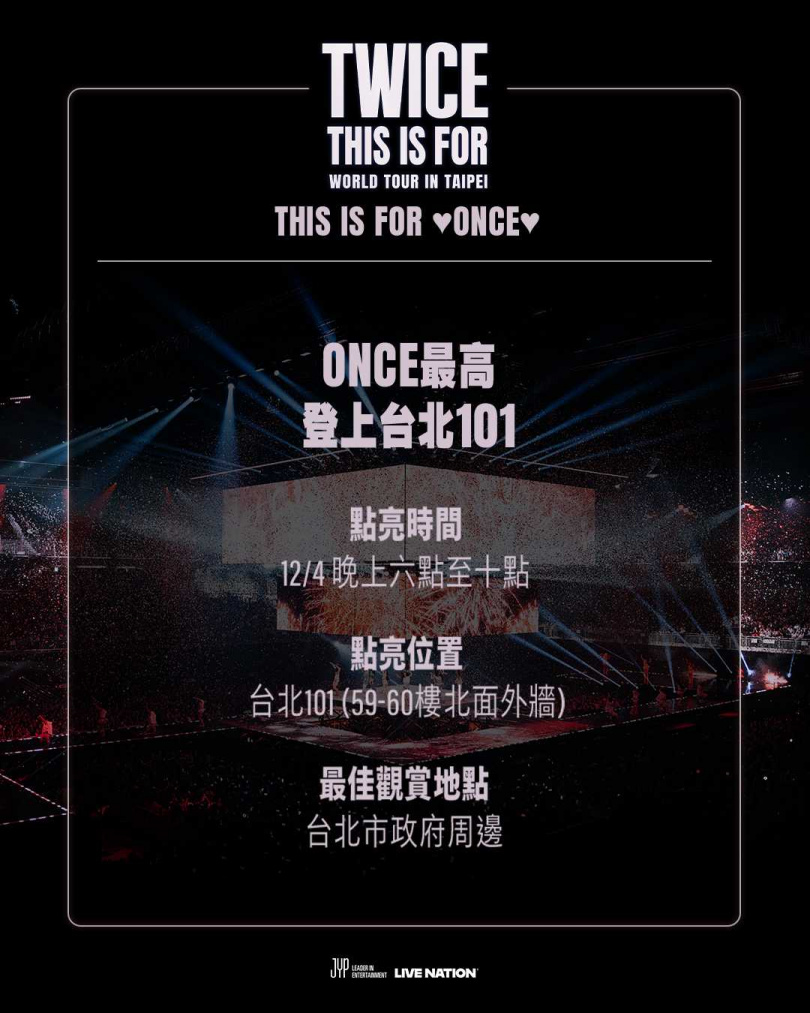 TWICE搶先登上台北101點燈打字。（圖／Live Nation Taiwan提供）