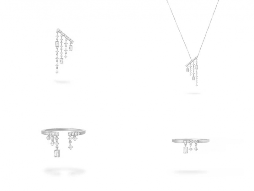 AHKAH chandelier sway系列_鉑金鑽石耳環(右耳用)/58,700元,鉑金鑽石項鍊/66,000元,鉑金鑽石戒指/44,000元,鉑金鑽石戒指(小) /34,200元。(圖/品牌提供)