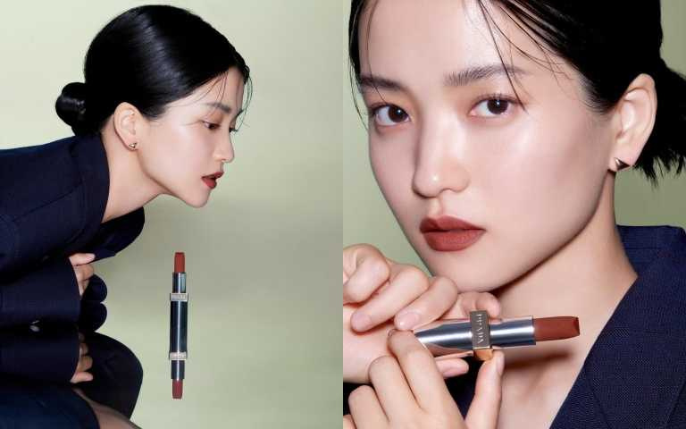 金泰梨最愛的 Prada Beauty 革紋極霧唇膏#B03 醜赤棕。（圖／PRADA BEAUTY ig）