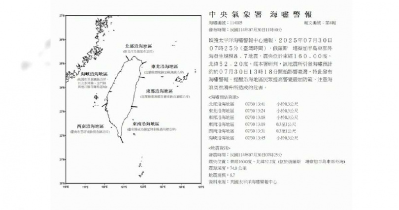 海嘯警報。（圖／氣象署提供）