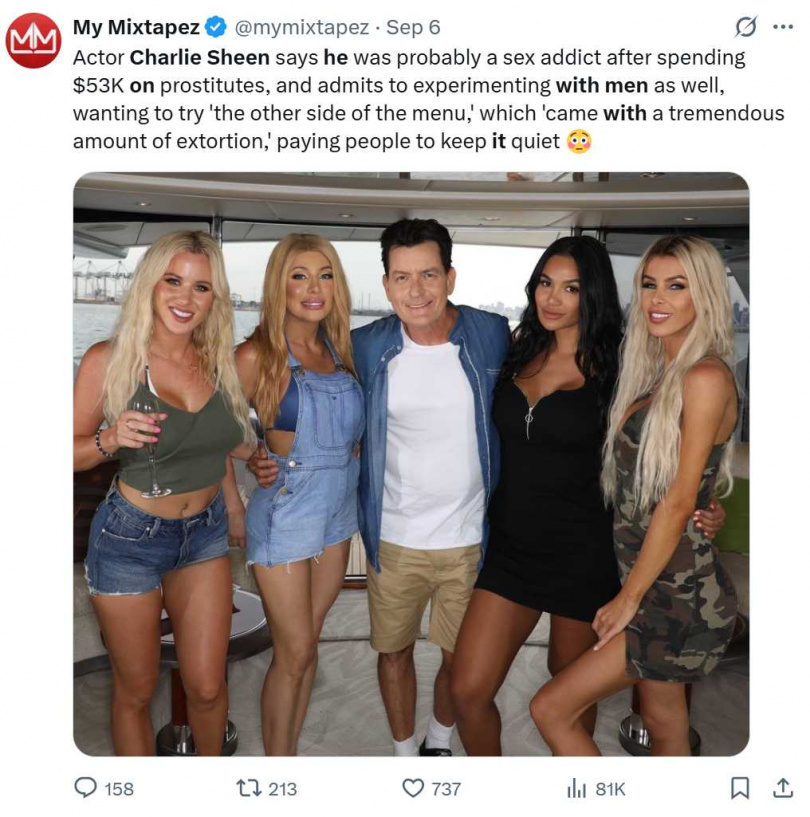 查理辛近期受訪，坦承過去在毒品影響下與男性發生關係，並分享感染HIV經歷。（圖／翻攝自X， @mymixtapez ）