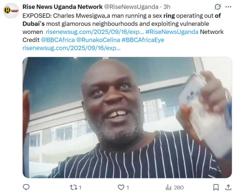 BBC調查直指查爾斯．姆韋西瓜（Charles Mwesigwa）是杜拜性交易網絡的幕後操盤手。（圖／翻攝自X， @RiseNewsUganda· ）