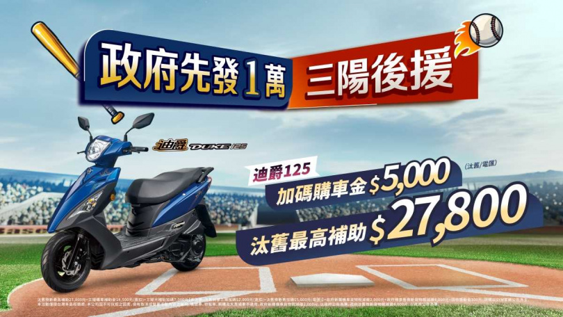 政府先發1萬，三陽後援加碼，再享貨物稅優惠，政府普發現金，全新迪爵再加碼12,000元購車金，迪爵汰舊最高補助27,800元。（圖片提供／三陽）