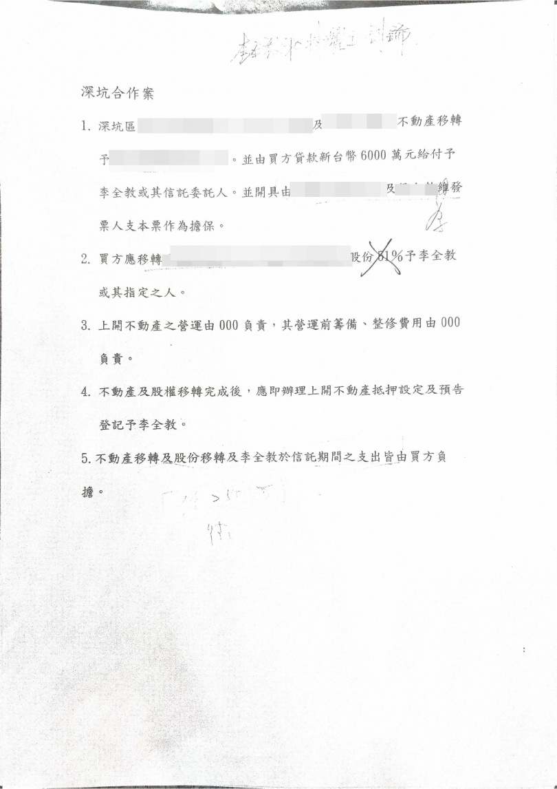 「合作」之初，李全教擬出方案除要求酒商貸款6000萬元交付給他，並要酒商轉讓51%的股份。（圖／民眾提供）