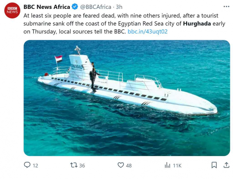 埃及觀光潛水艇27日在紅海沉沒，已造成6名旅客身亡。（圖／翻攝自X）